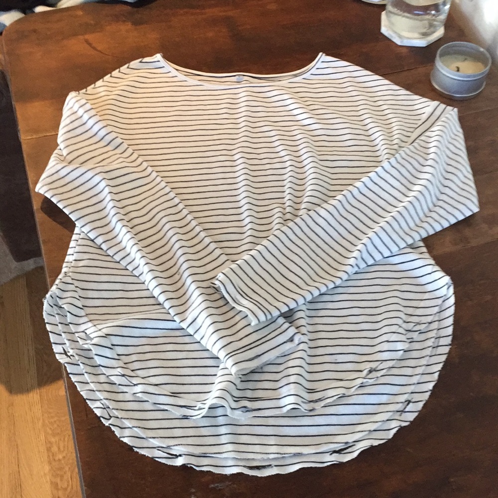 Striped boatneck long sleeve tee, shirttail hem